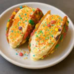 Fruity Pebbles Cheesecake Tacos – The Most Colorful & Delicious Dessert Craze 7 Fruity Pebbles Cheesecake Tacos stacked on plate