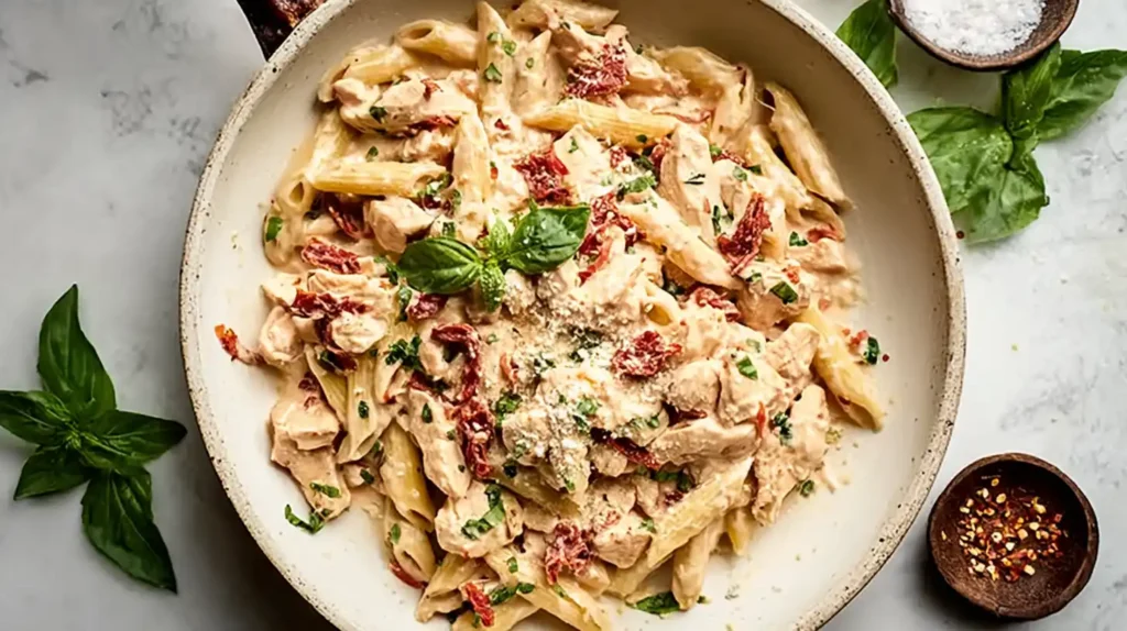 Marry Me Chicken Pasta– A Creamy Recipe That Stole My Heart 9 Creamy Marry Me Chicken Pasta in skillet with basil and parmesan