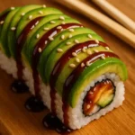 Caterpillar Roll: A Homemade Sushi Story with Heart 8 Caterpillar Roll sushi with avocado and eel sauce close-up