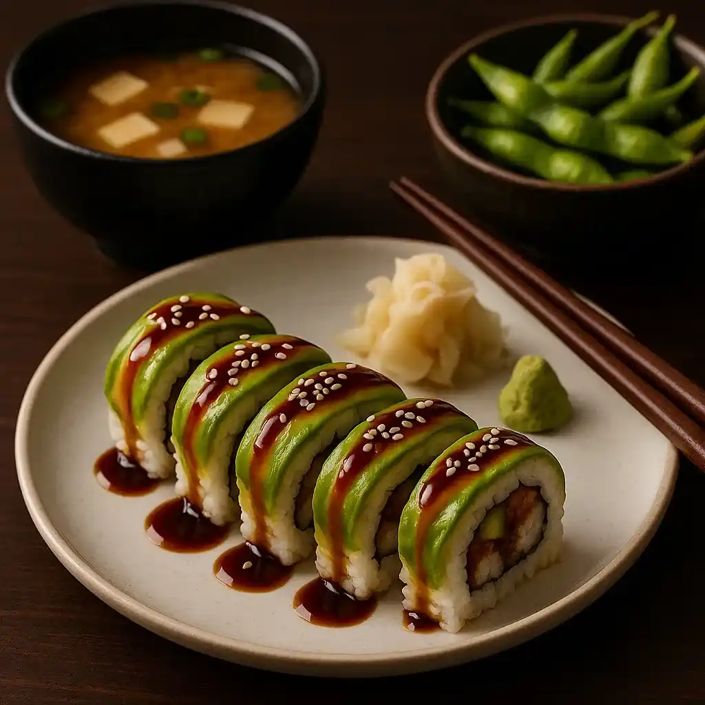 Caterpillar Roll: A Homemade Sushi Story with Heart 11 Caterpillar Roll sushi with miso soup and edamame pairing