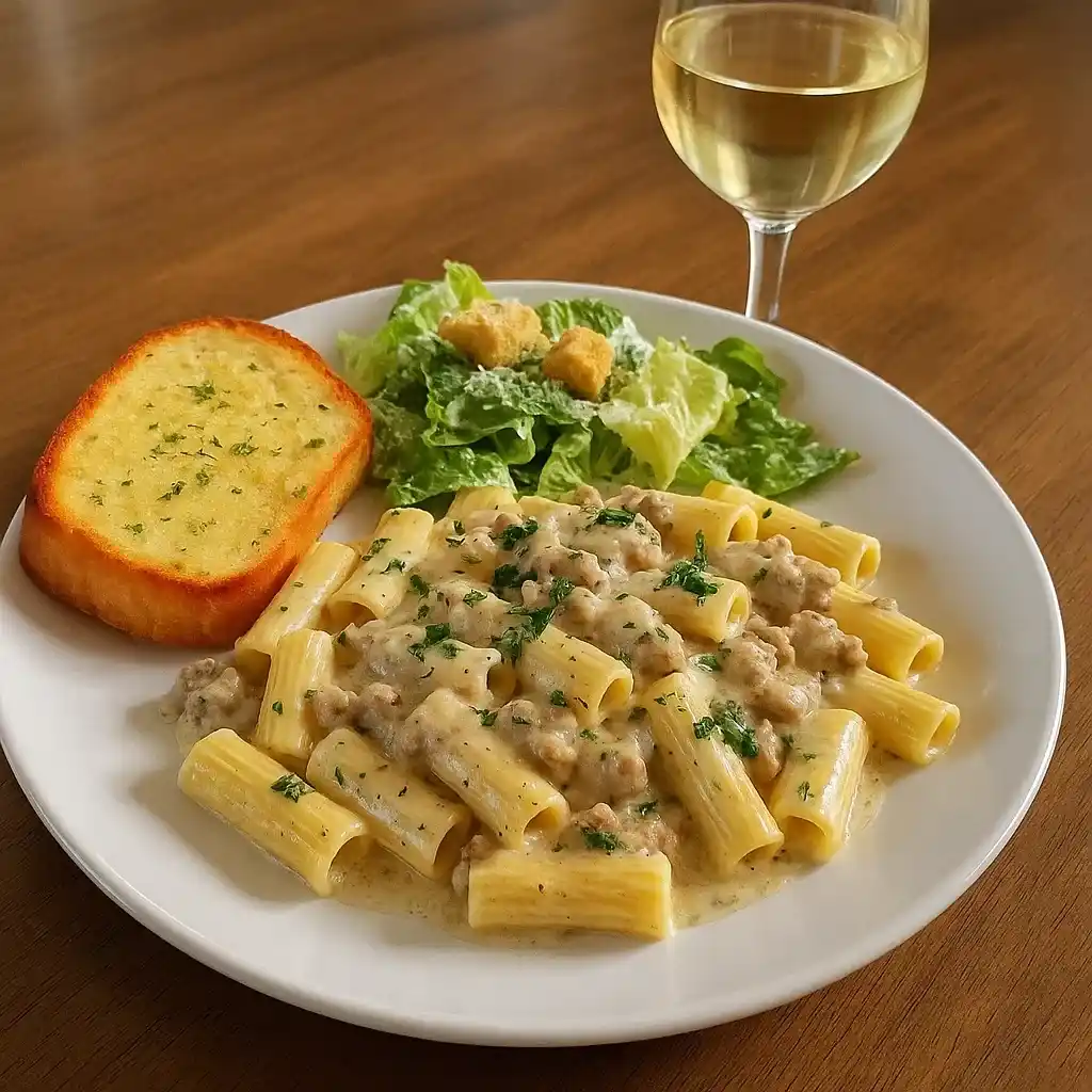 Creamy Italian sausage pasta served with bread and salad