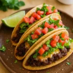 Crispy Beef Tacos: The Best Homemade Crunch Recipe 7 Crispy beef tacos with fresh toppings on wooden plate