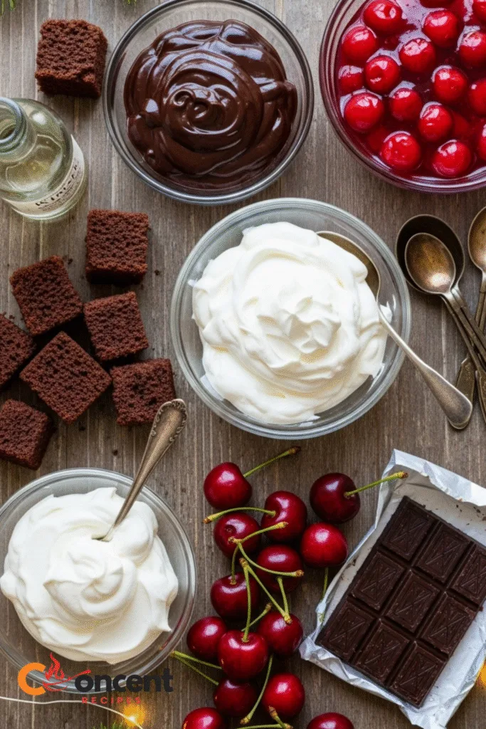 The Best Christmas Black Forest Trifle You’ll Ever Make 10 Ingredients for Easy Christmas Black Forest Trifle: chocolate cake cubes, chocolate pudding, whipped cream, cherry pie filling, fresh cherries, dark chocolate, and kirsch