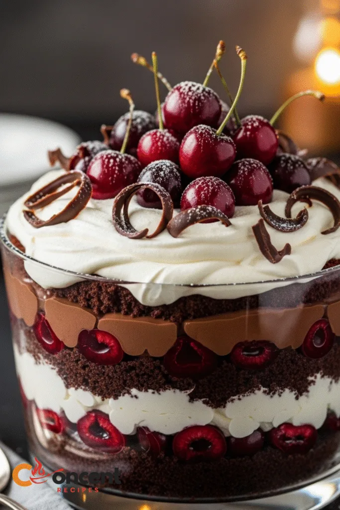 The Best Christmas Black Forest Trifle You’ll Ever Make 11 Close-up of Easy Christmas Black Forest Trifle with distinct chocolate, cherry, and cream layers, crowned with fresh cherries and dusted with powdered sugar