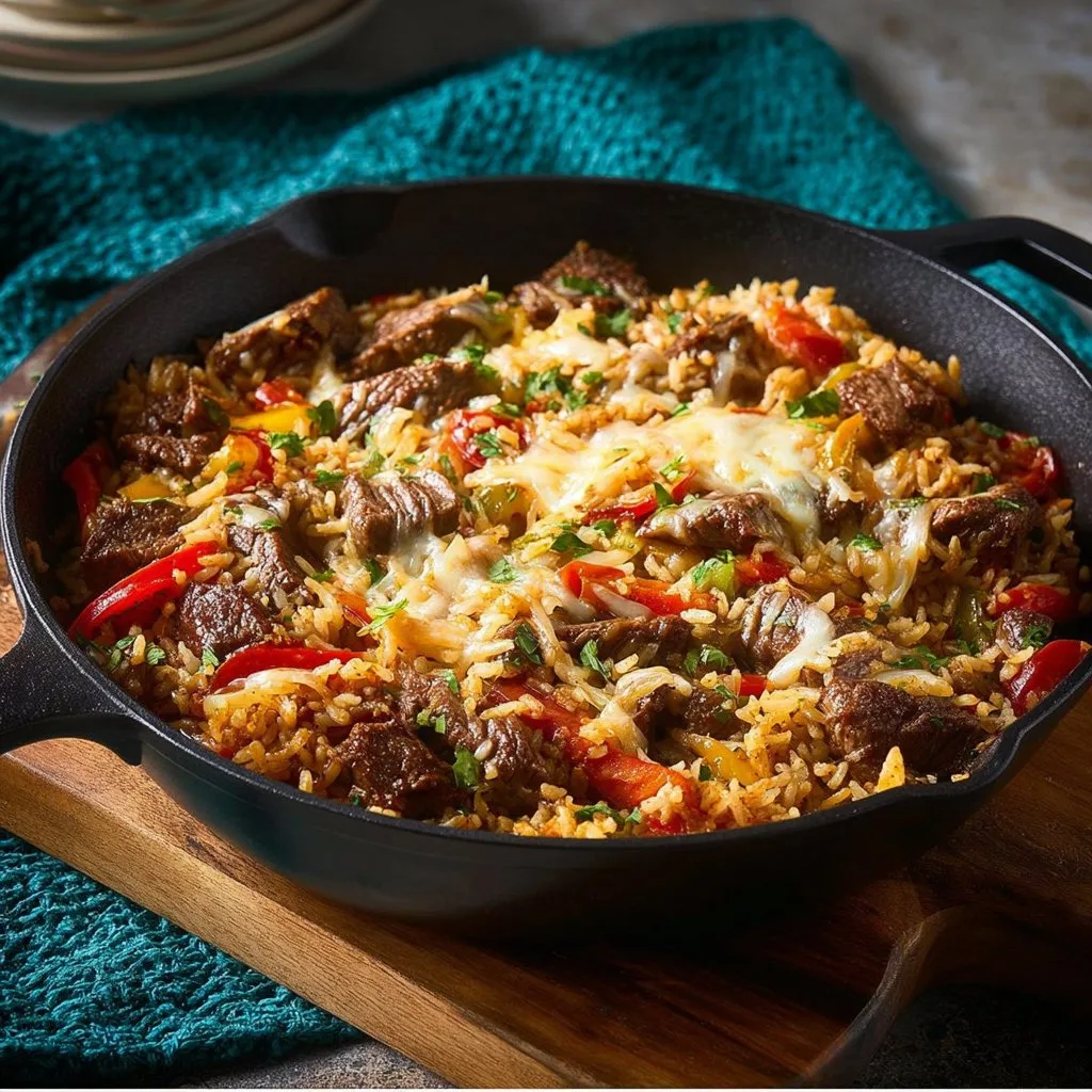 One Pan Steak Fajita and Rice Skillet