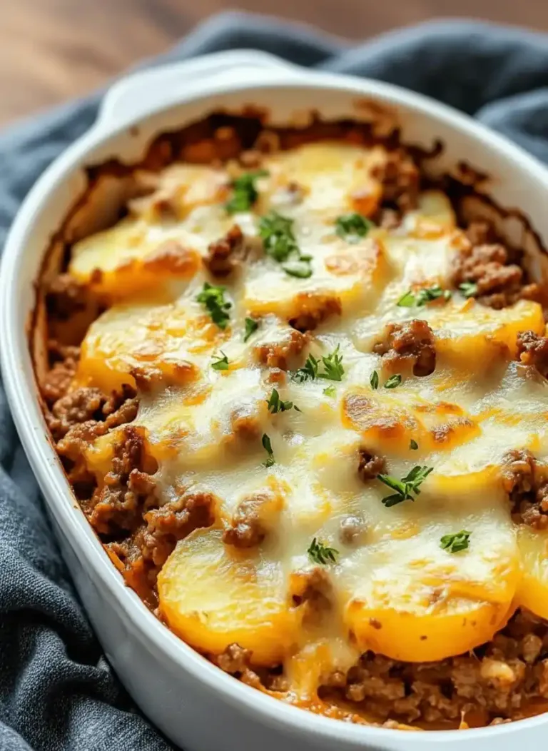 Baked beef and potato casserole with melted cheese.