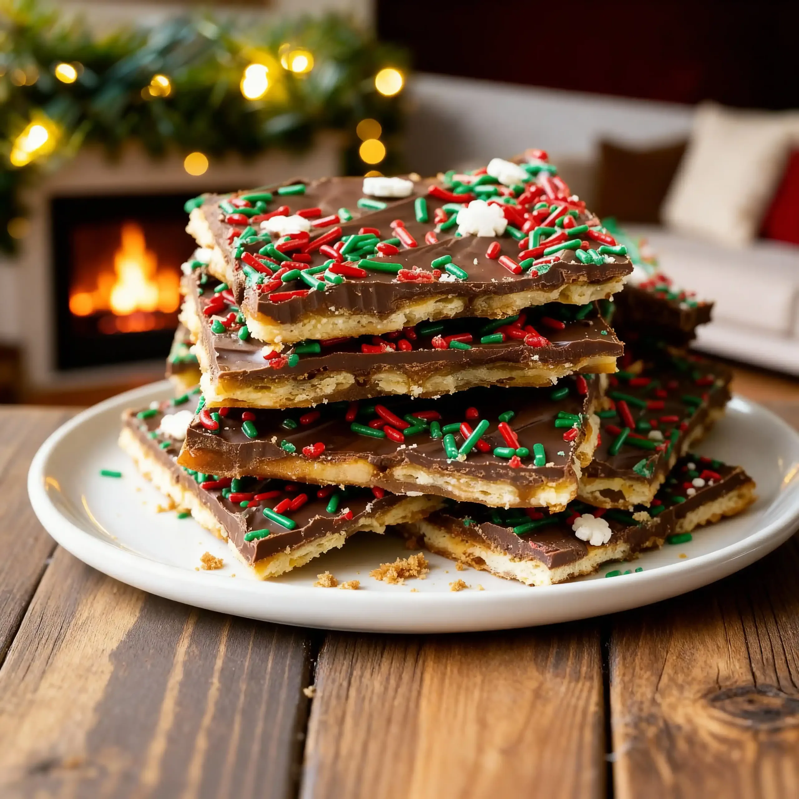 Stack of caramel chocolate bars with holiday sprinkles.