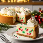 Holiday cheesecake with a thick graham cracker crust, decorated with red, green, and white sprinkles, topped with whipped cream.