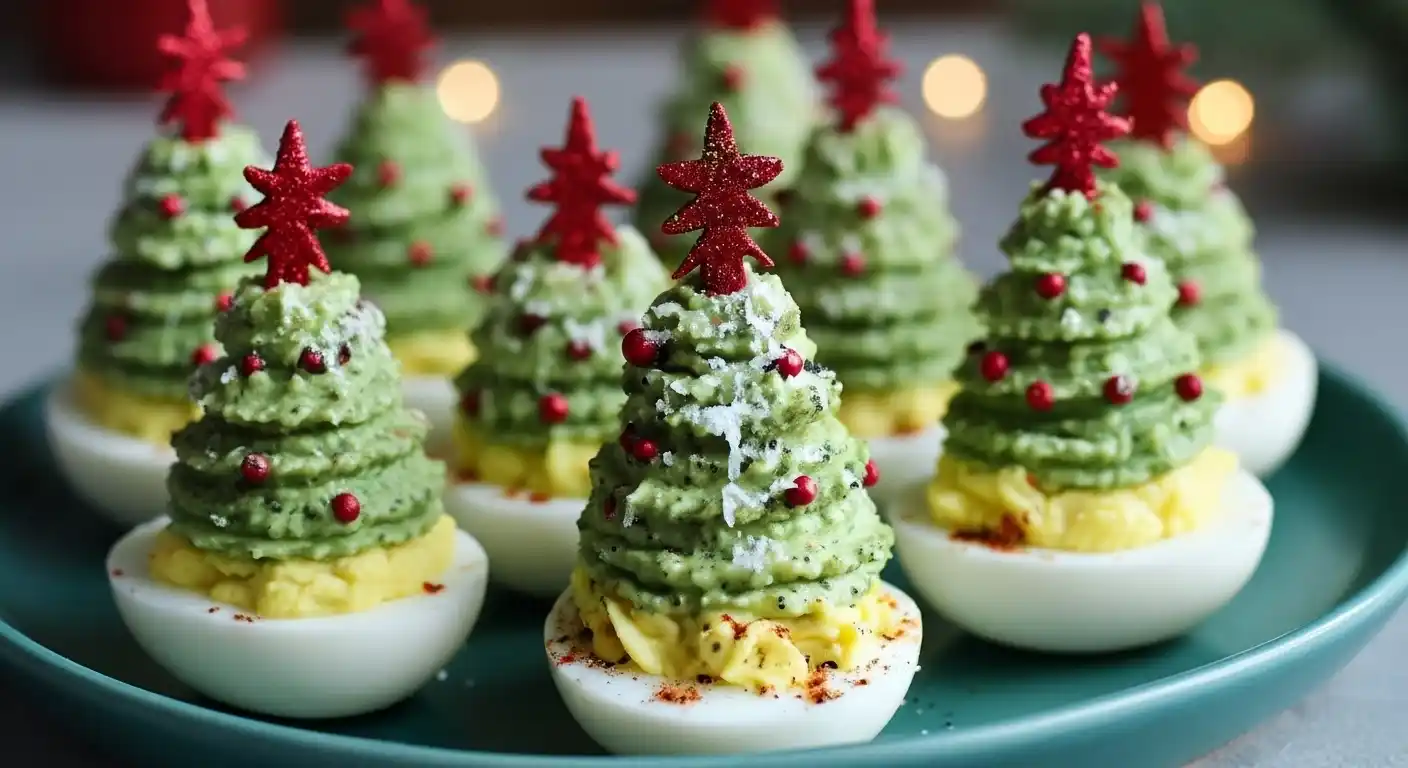 Festive Christmas deviled eggs decorated like mini Christmas trees with avocado filling and red sprinkles.