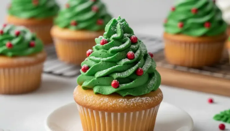 Decorative Christmas Tree Cupcakes with green frosting and colorful ornaments