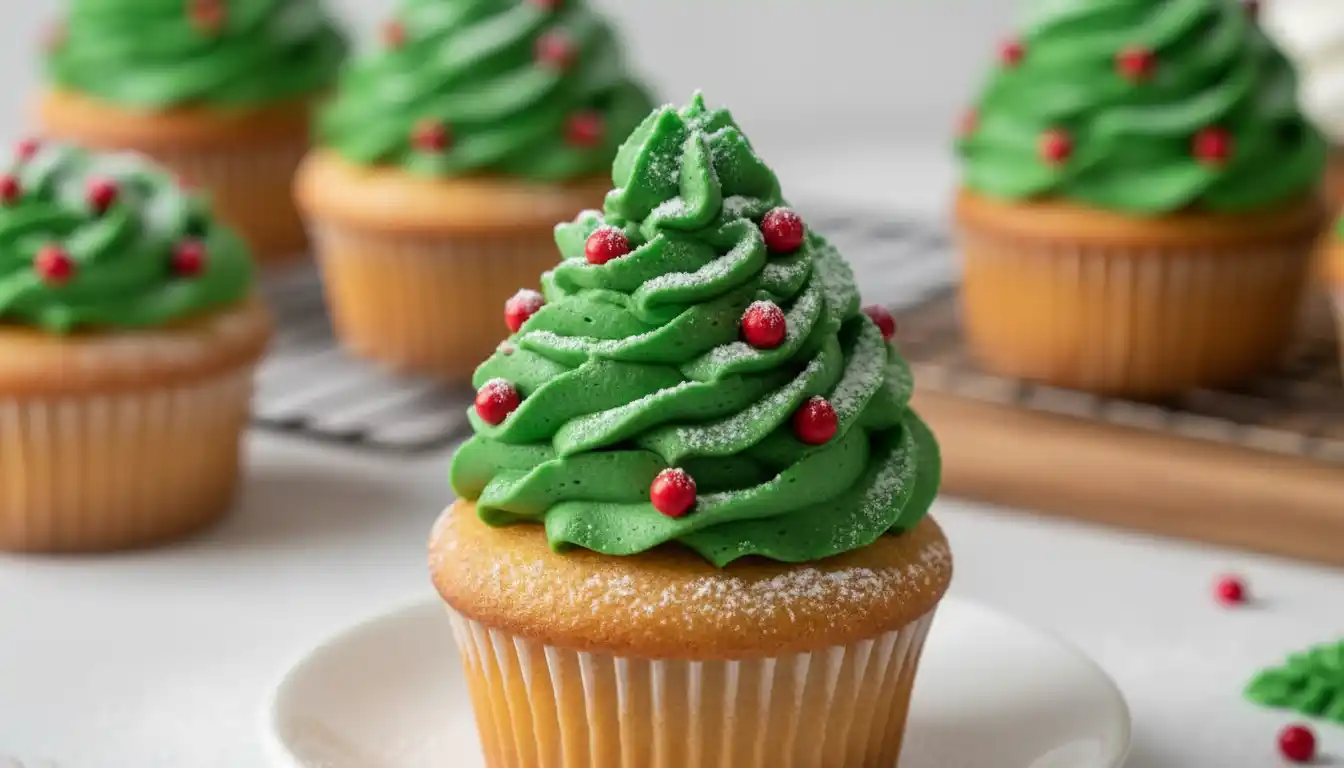 Decorative Christmas Tree Cupcakes with green frosting and colorful ornaments