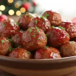 Bowl of cranberry meatballs topped with fresh parsley, holiday background lights.