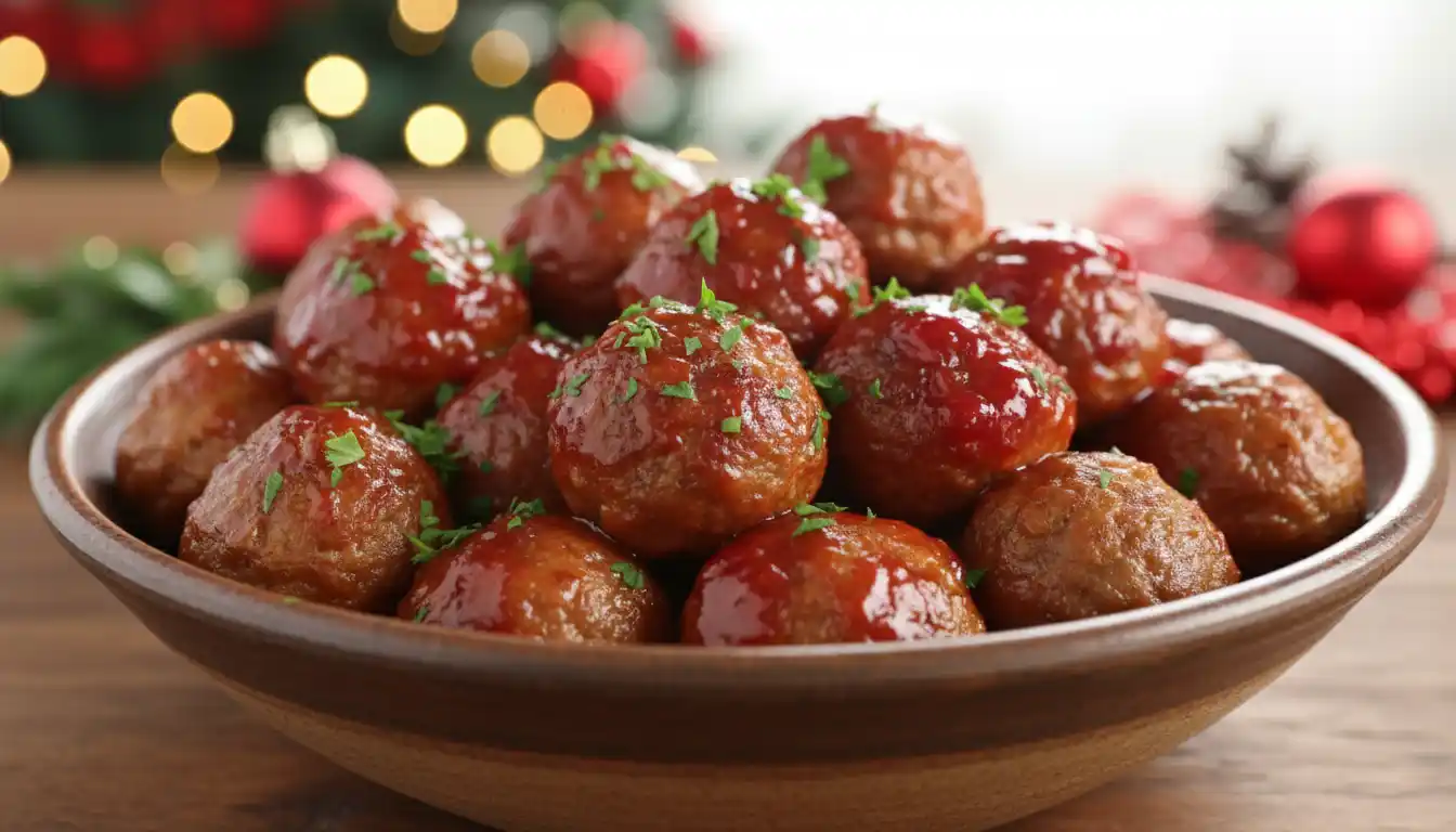 Bowl of cranberry meatballs topped with fresh parsley, holiday background lights.