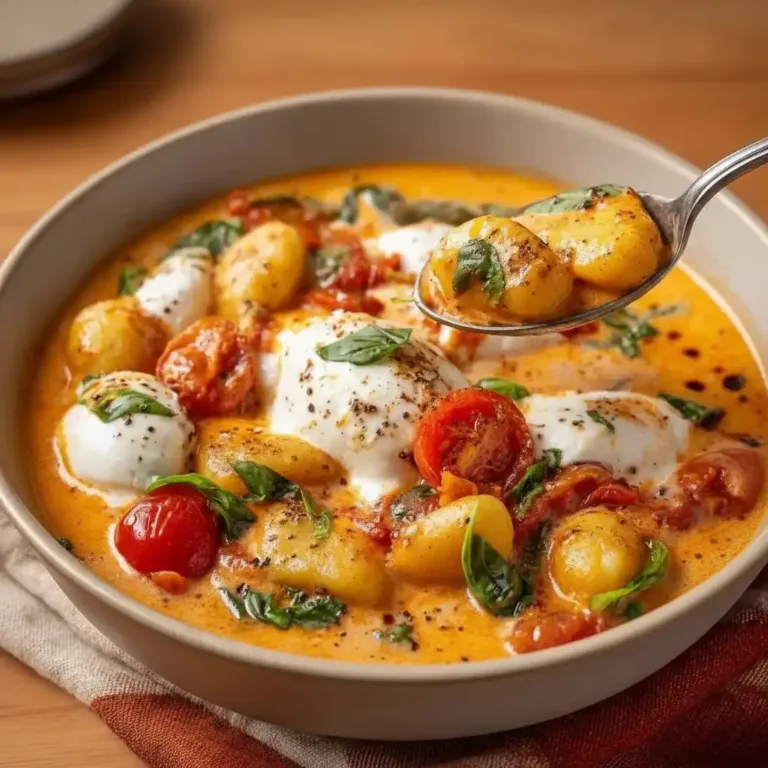 Gnocchi in tomato cream sauce with burrata and basil.