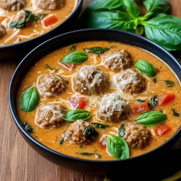 Creamy Italian Meatball Soup in a bowl with tender meatballs, spinach, tomatoes, basil, and melted Parmesan in a rich tomato-cream broth.