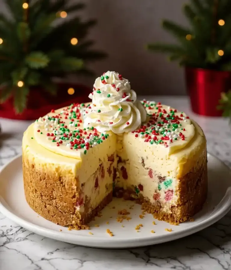 Christmas cheesecake on a plate, garnished with festive sprinkles and a swirl of whipped cream, with warm holiday lights in the background.