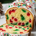 Christmas Bread 9 Sliced Christmas Confetti Bread on a holiday table with pinecones and ornaments, showing colorful red and green bursts inside topped with white frosting and sprinkles.