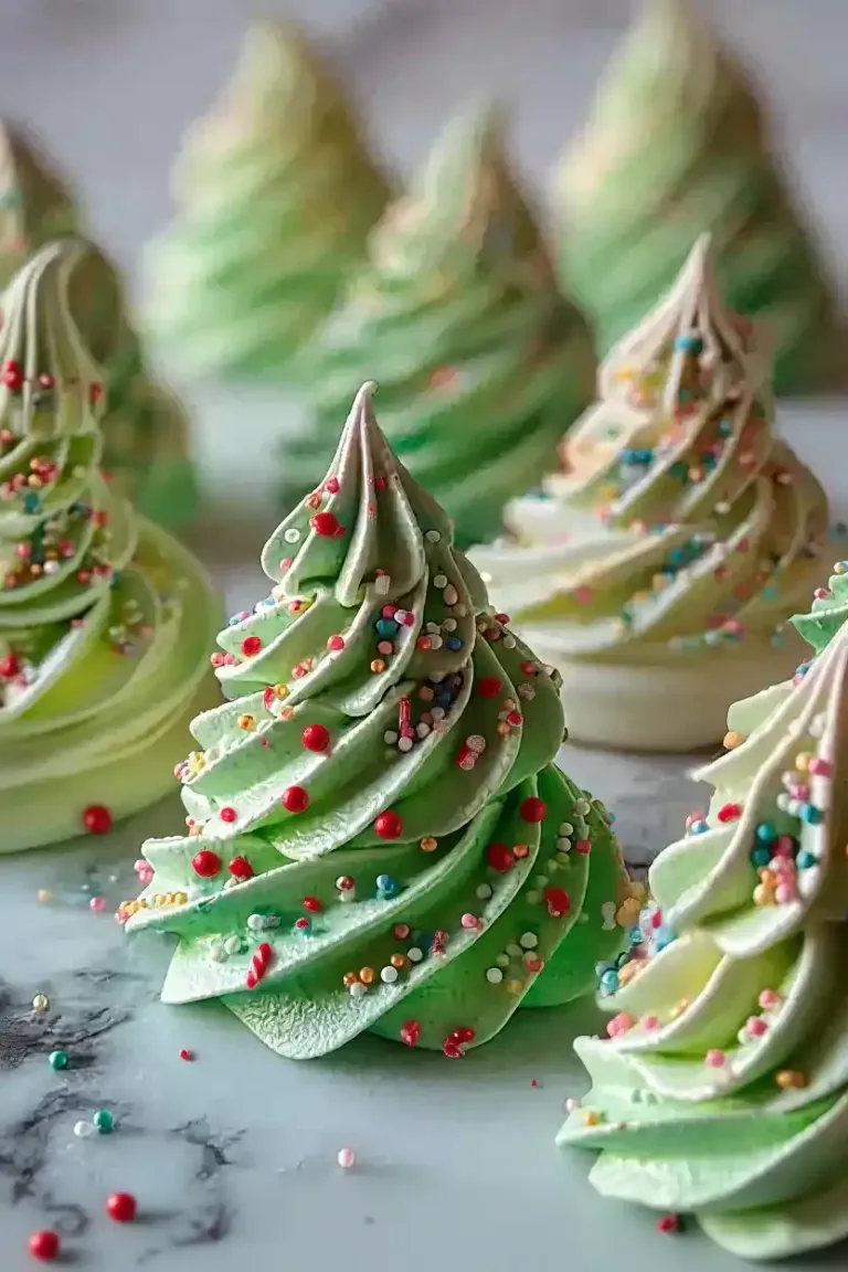 White Christmas tree meringue with sprinkles and a star topper.