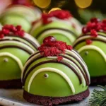 Grinch Oreo Balls made with Red Velvet Oreos decorated for Christmas