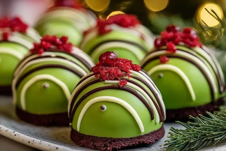 Grinch Oreo Balls made with Red Velvet Oreos decorated for Christmas