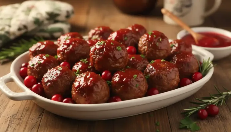 Holiday cranberry meatballs in a white baking dish with fresh cranberries and herbs.