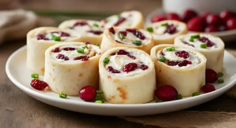 Cream cheese cranberry tortilla pinwheels served on a plate with fresh cranberries and green onions.