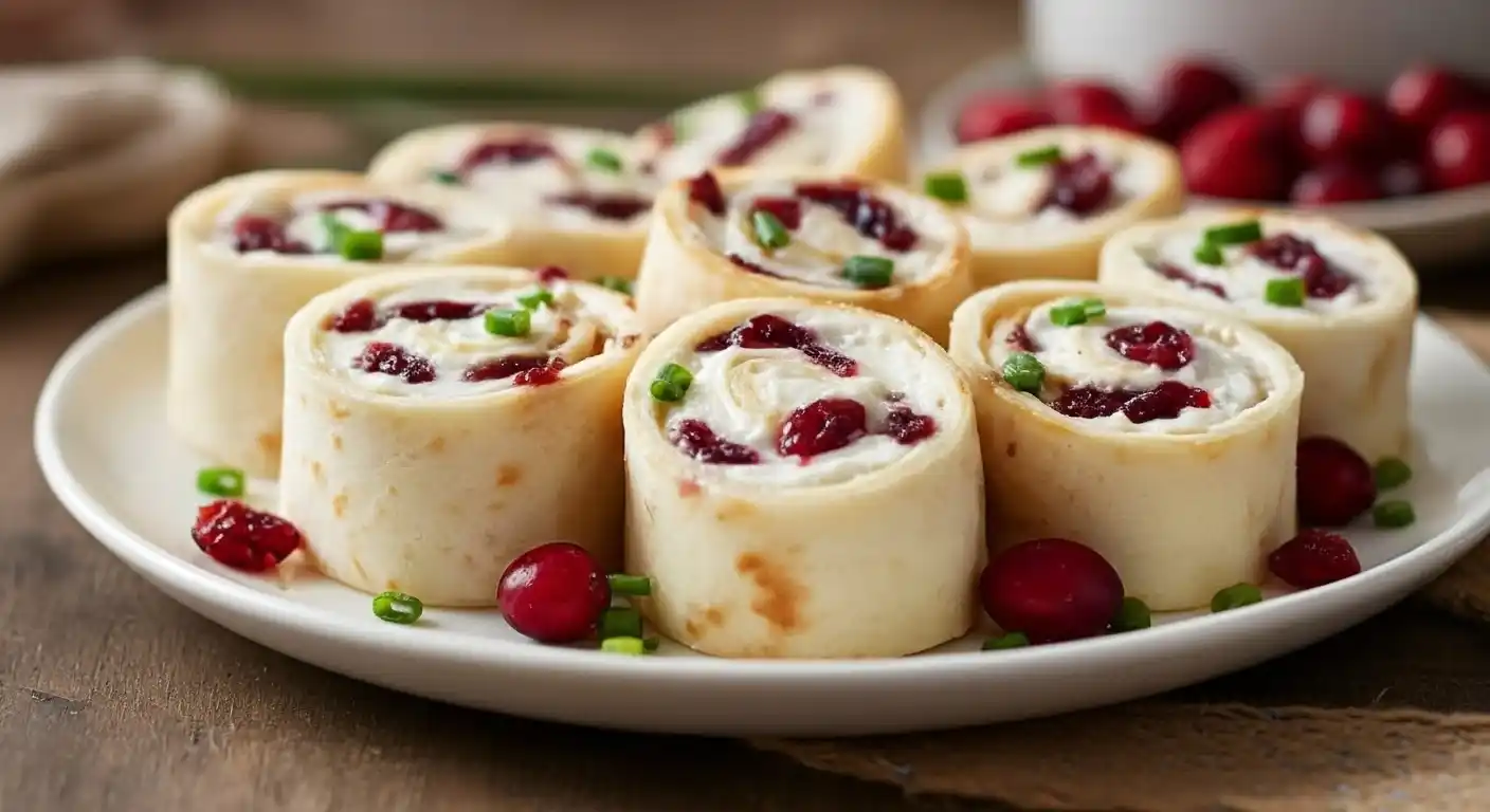 Cream cheese cranberry tortilla pinwheels served on a plate with fresh cranberries and green onions.