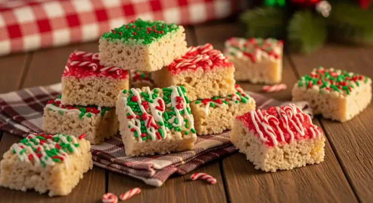 Rice Krispie squares topped with red icing, white drizzle, and green and red holiday candies.