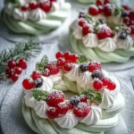 Holiday Wreath Meringues with Berries & Cream arranged like mini wreaths with whipped cream, fresh berries, and mint on parchment.