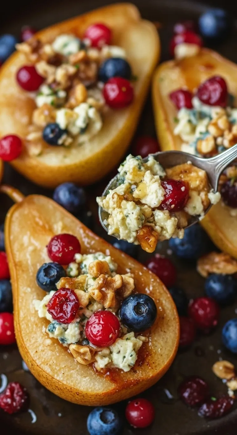 Baked pears with fresh berries, honey, walnuts, and blue cheese served on a plate.