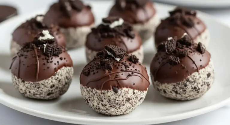 Oreo balls coated in chocolate and crushed cookies on a white plate.