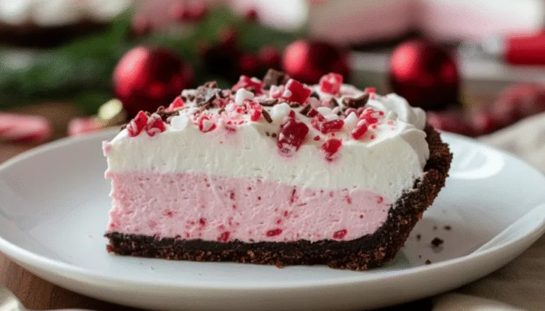 Slice of peppermint cream pie with chocolate crust, pink peppermint filling, whipped cream, and crushed candy cane topping.