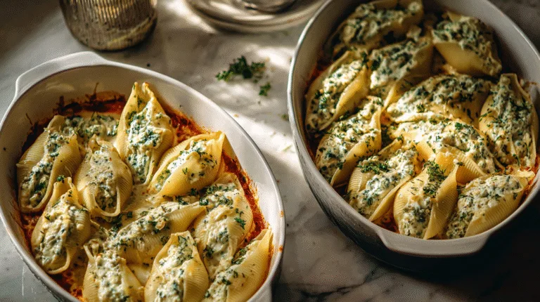 Delicious Christmas stuffed shells filled with ricotta and topped with marinara sauce