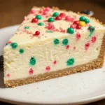 Delicious slice of Sugar Cookie Cheesecake with a cookie crust and colorful sprinkles