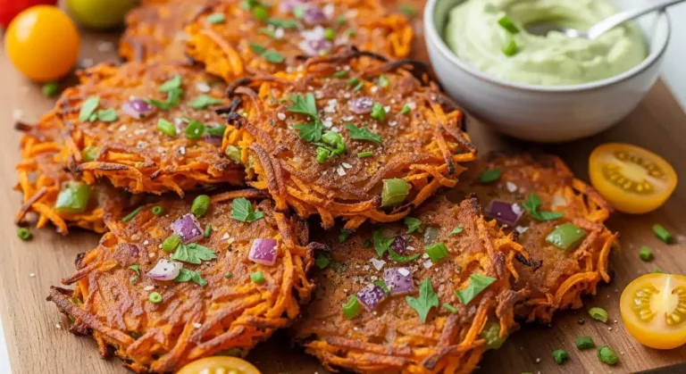 Crispy sweet potato fritters topped with herbs and served with a bowl of creamy green dip.