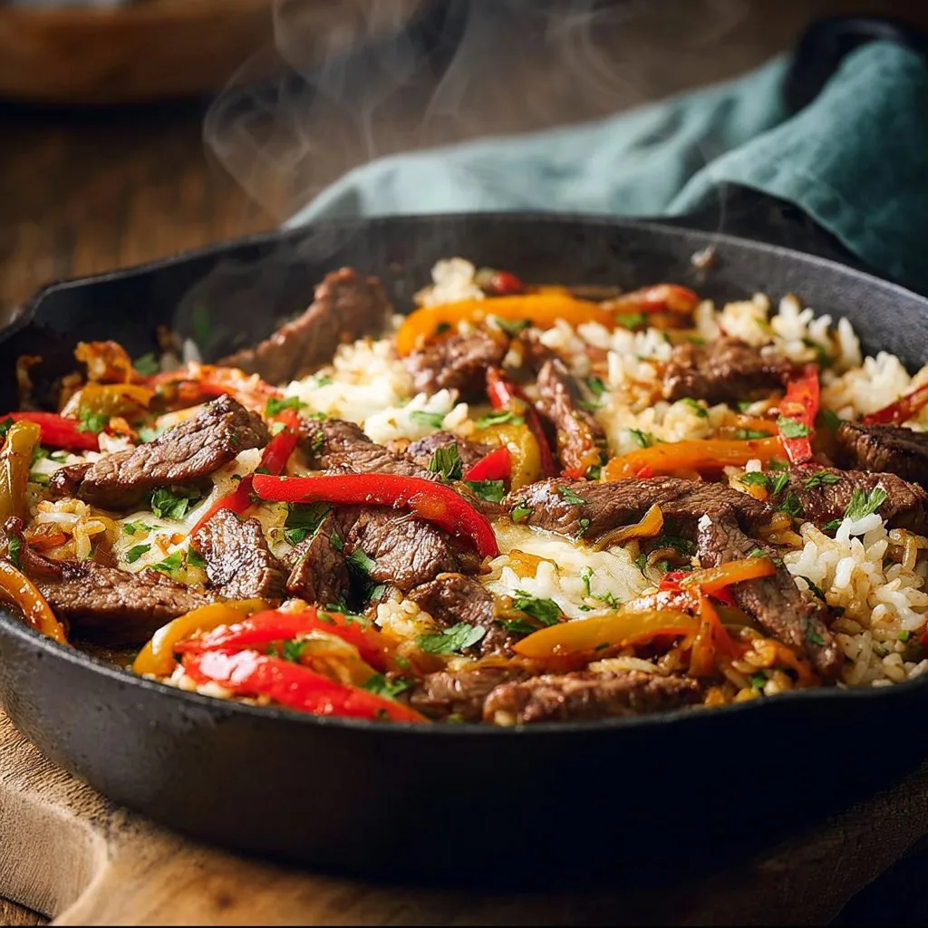 One Pan Steak Fajita and Rice Skillet