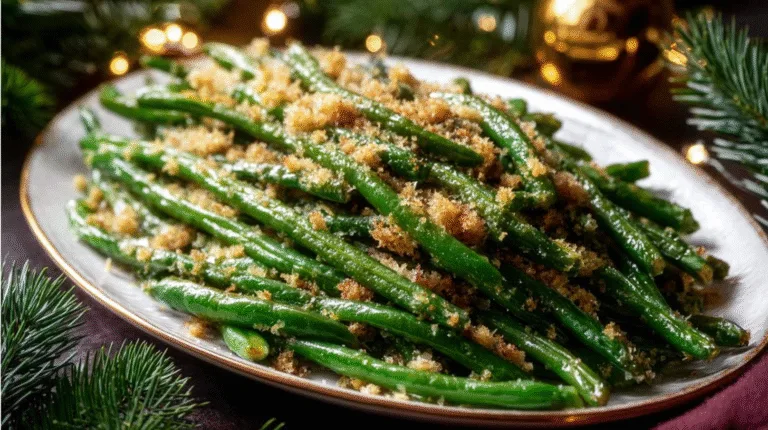 Plate of roasted parmesan green beans garnished with herbs