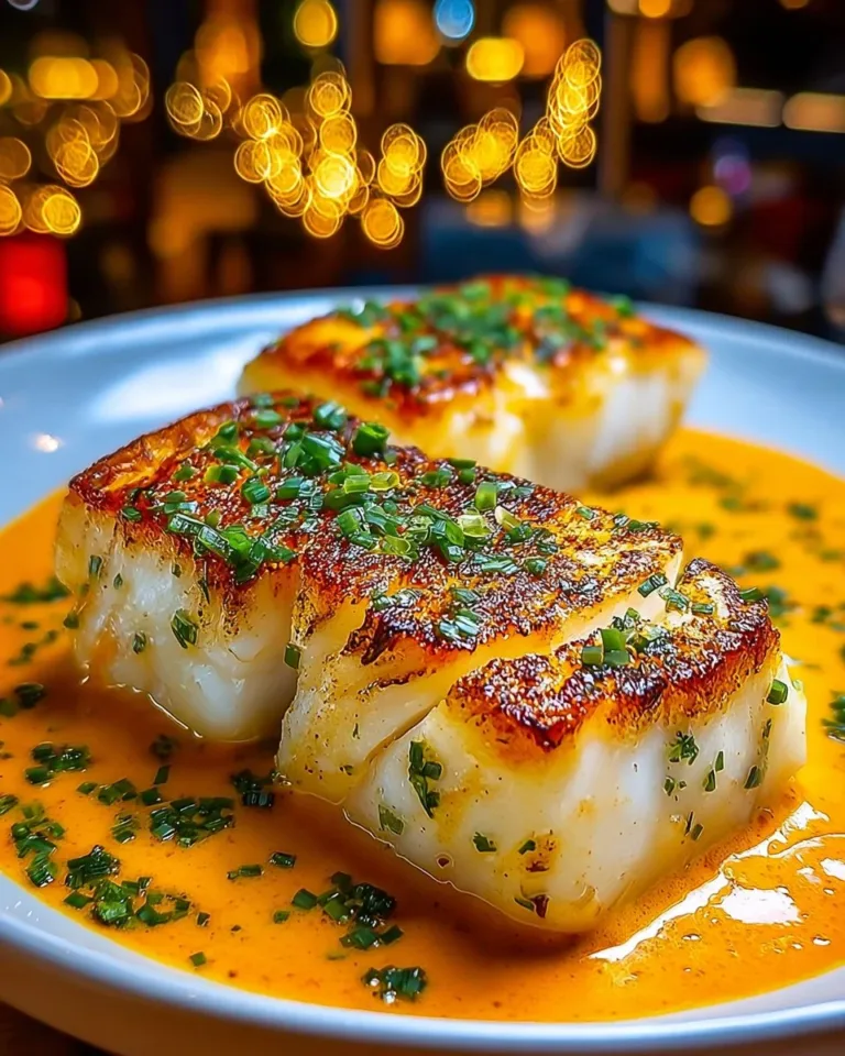 Baked cod fillet topped with creamy Parmesan sauce, garnished with herbs