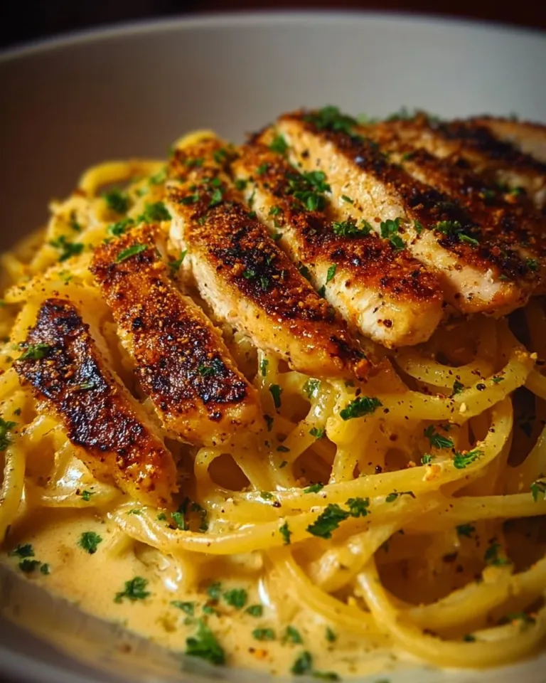 Cajun Chicken served with creamy Parmesan linguine pasta recipe on a plate.