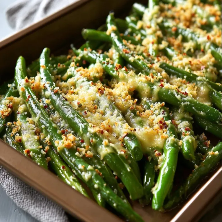 Delicious Cheesy Garlic Green Beans served on a plate