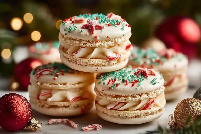 Festive Christmas Tree Cake Macarons displayed on a holiday dessert table
