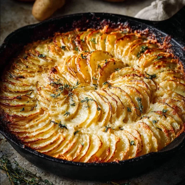 Creamy garlic potato bake topped with cheese and herbs in a baking dish