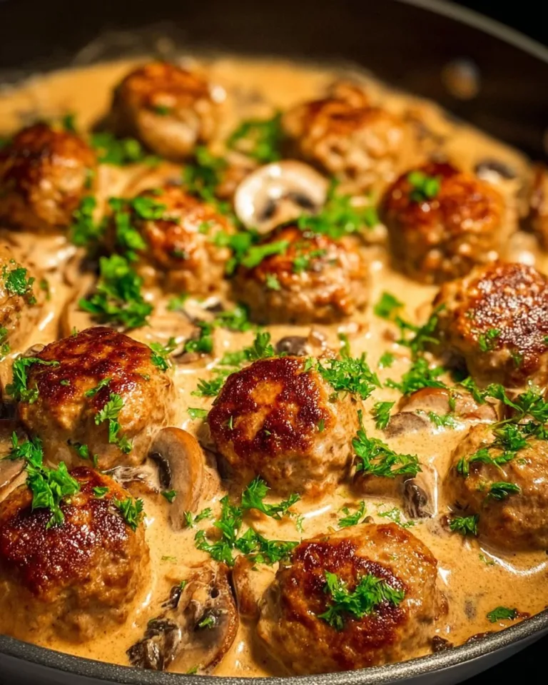 Delicious creamy mushroom chicken meatballs in a savory sauce