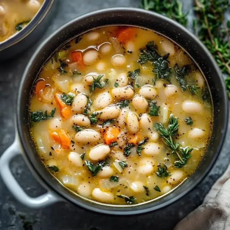 Delicious bowl of easy Tuscan White Bean Soup garnished with herbs