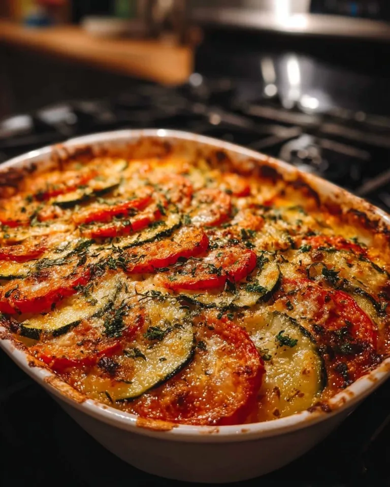 A delicious serving of easy zucchini tomato gratin baked to perfection.