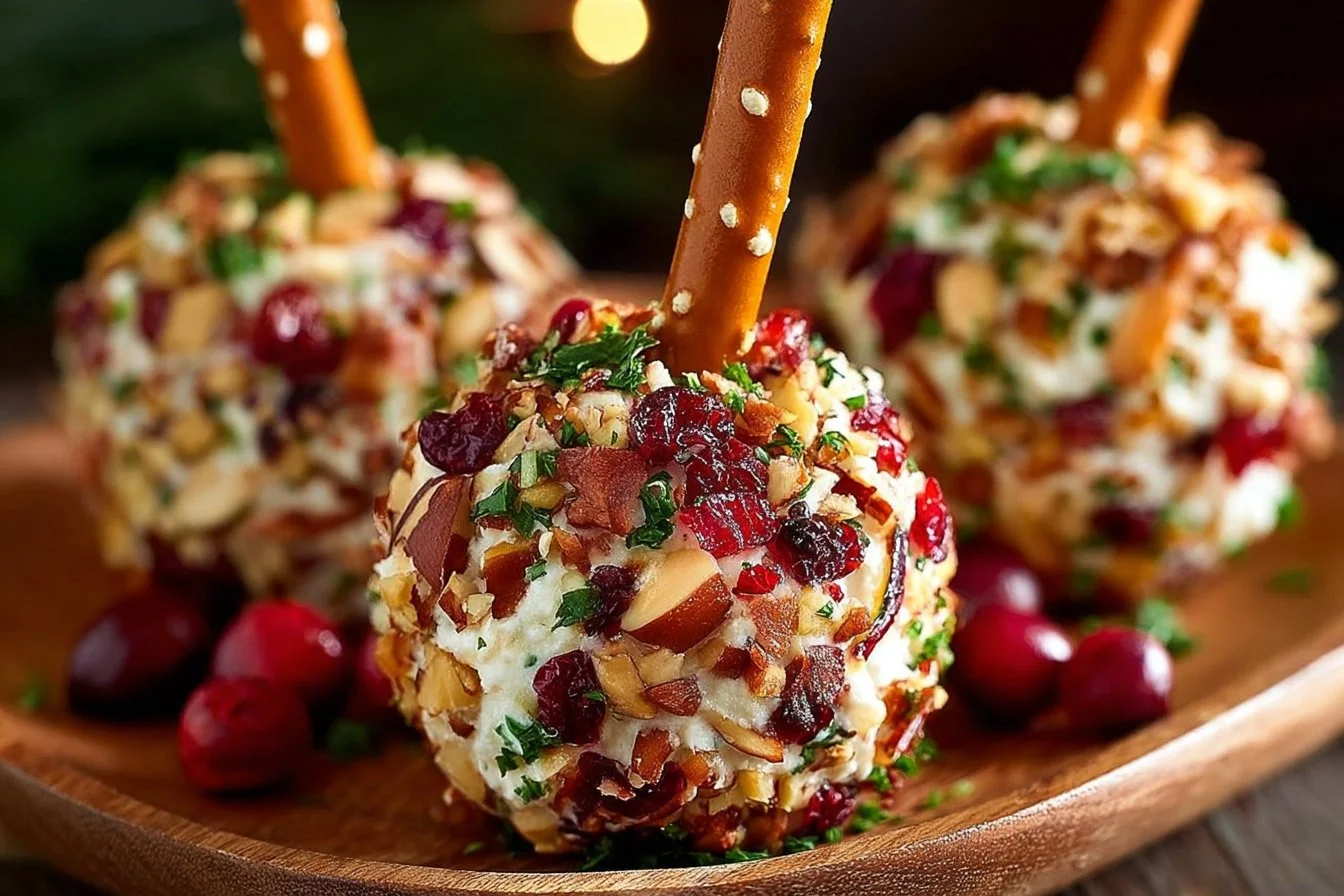 Festive cranberry pecan cheese ball served on a holiday platter
