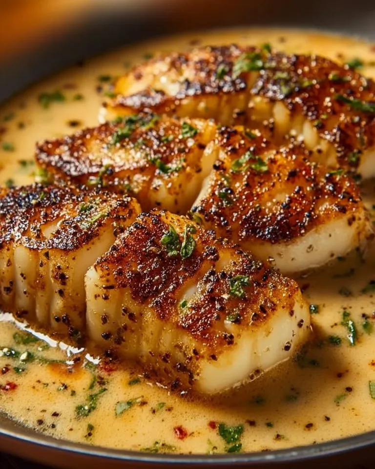 Garlic Butter Cod strips drizzled with Sweet Chili Lime Sauce on a plate.