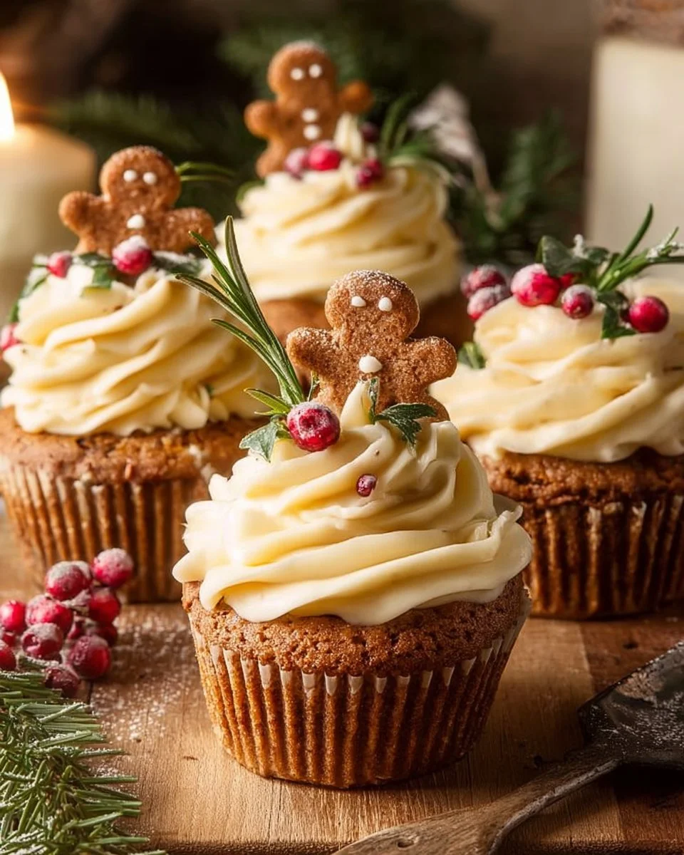 Delicious gingerbread cupcakes topped with creamy frosting and festive decorations.