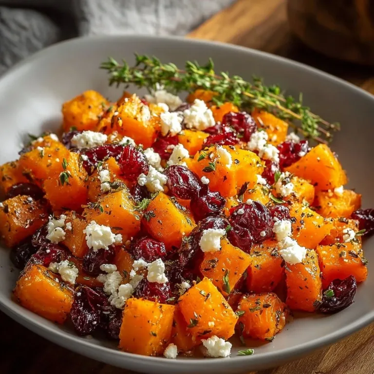 Honey roasted butternut squash dish topped with cranberries and feta cheese.