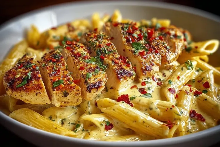 One pot creamy garlic parmesan chicken penne served in a delicious bowl